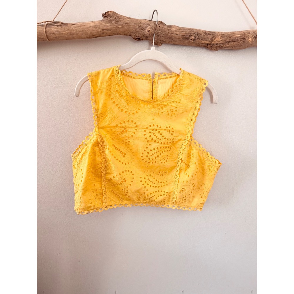 Yellow Eyelet Lace Crop Top Sleeveless Scalloped Floral Boho Summer Blouse L